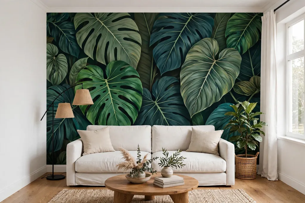 Living room with one wall in bold oversized botanical wallpaper behind a sofa.