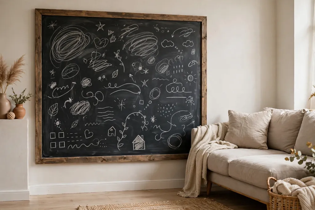 Living room wall with a framed chalkboard panel covered in notes and doodles.
