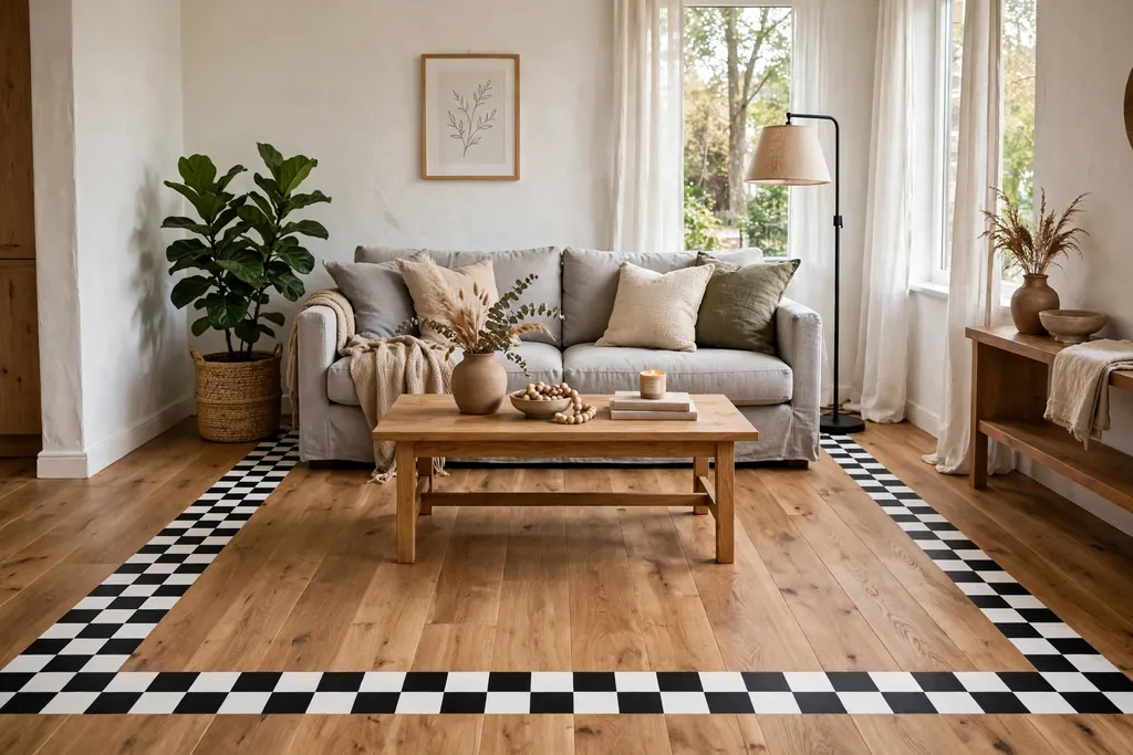 Living room floor with a black and white checkerboard border around the seating area.