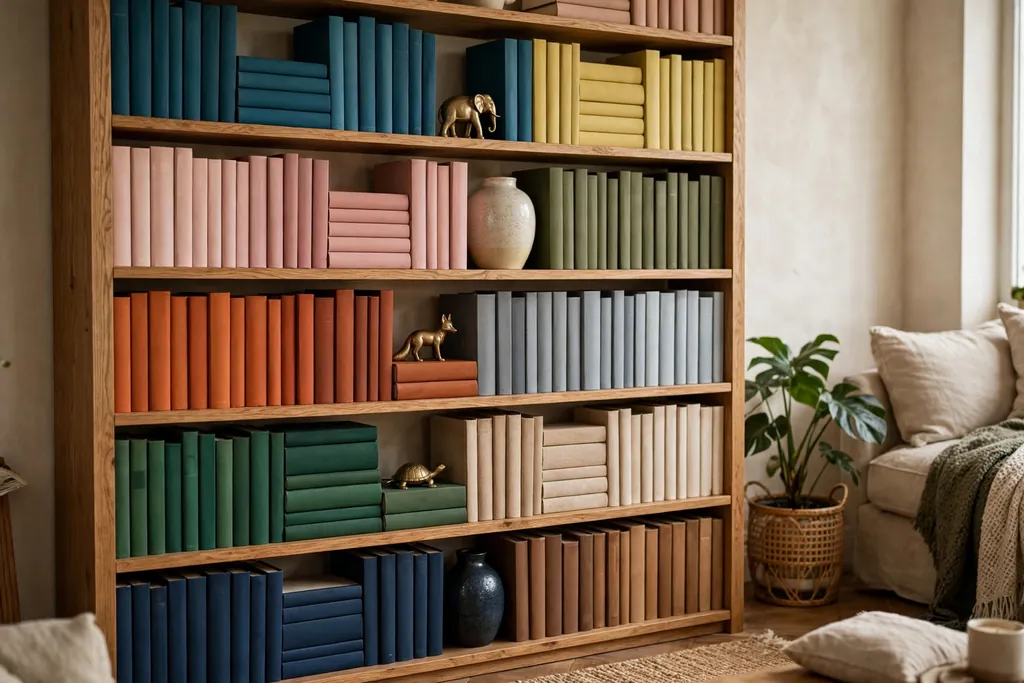Bookshelf with books arranged by color and small odd objects between the color blocks.