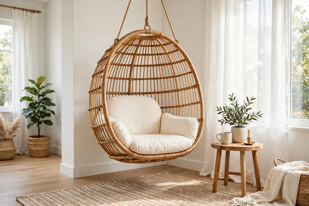 Hanging rattan chair with a cushion in a bright living room corner.