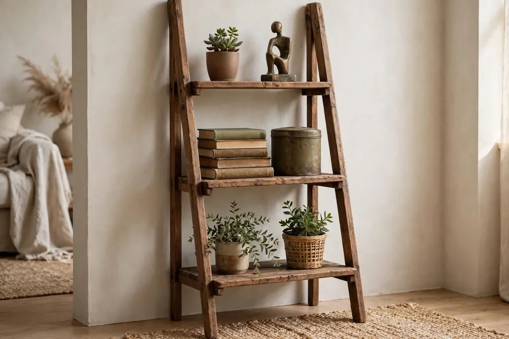 Wooden ladder shelf styled with books, plants, and small quirky objects.