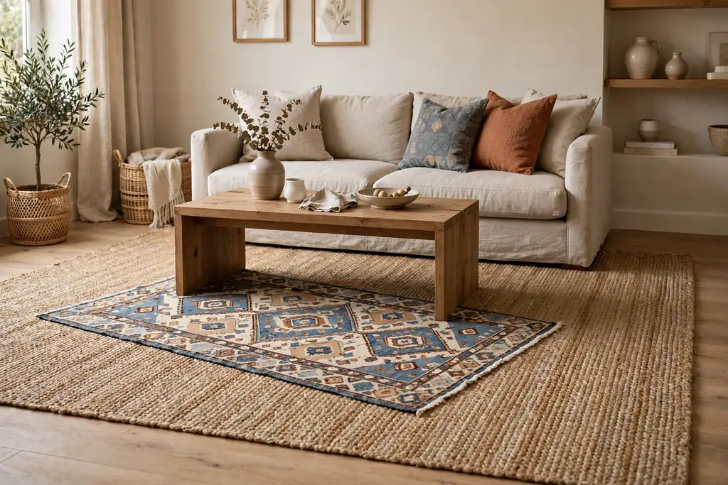 Layered rugs with a small patterned rug over a large plain jute rug under a coffee table.