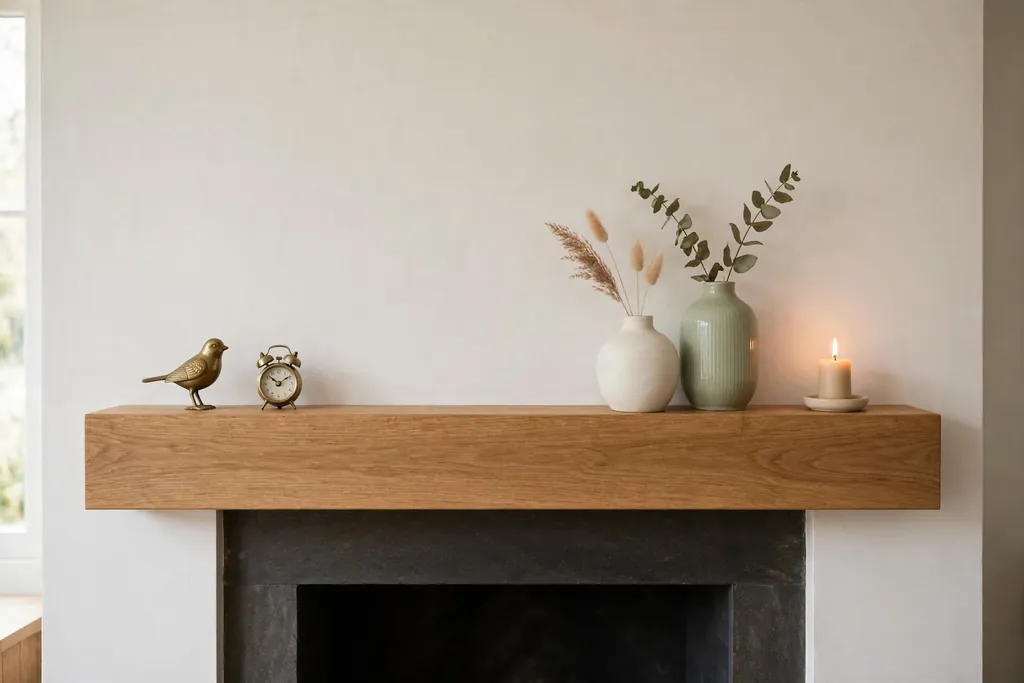 Living room mantel styled with a brass bird, a small clock, and ceramic vases.