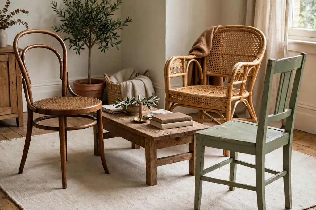 Living room seating group with mismatched vintage chairs around a wooden coffee table.