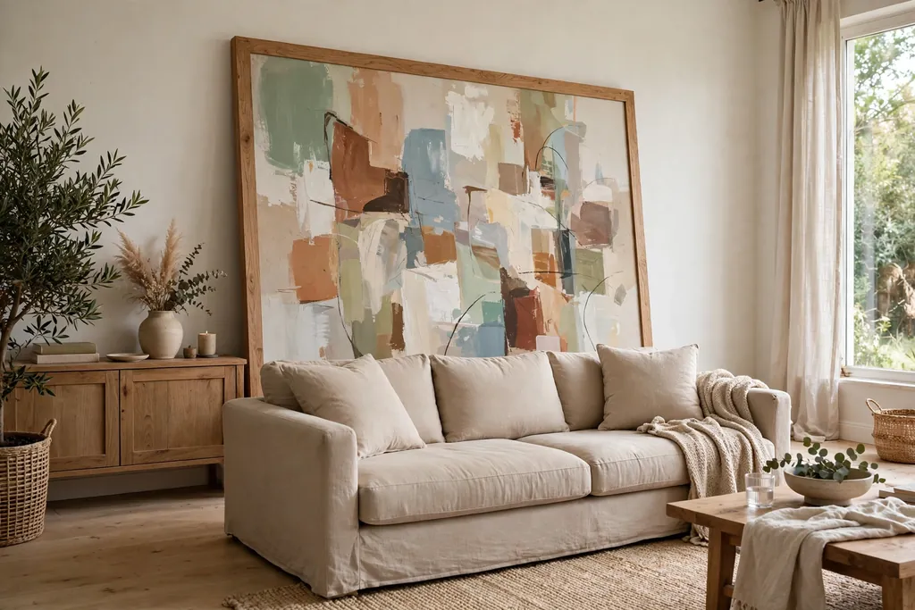Large framed artwork leaning against a living room wall behind a sofa.