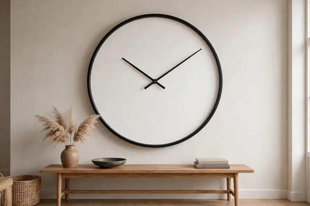 Oversized wall clock hung on a plain living room wall above a console.