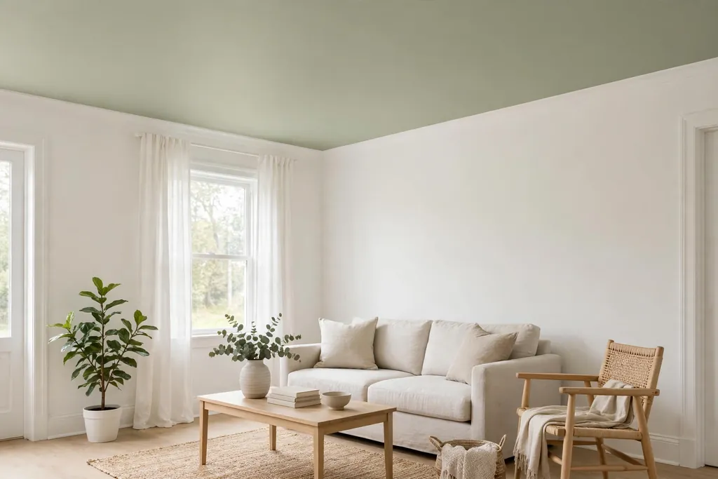 Living room with a pale sage painted ceiling and white walls.