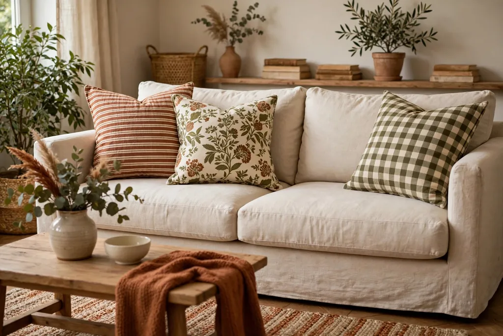 Sofa with mixed stripe, floral, and check cushions in rust, cream, and olive.