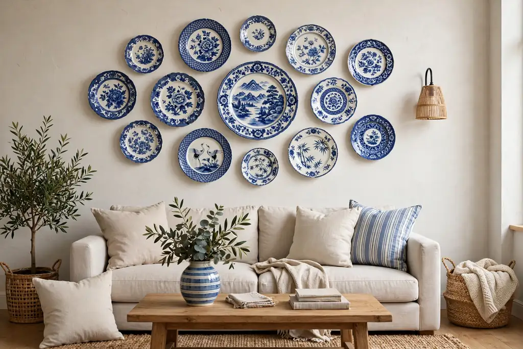 Living room wall hung with decorative plates in mixed sizes and blue and white patterns.