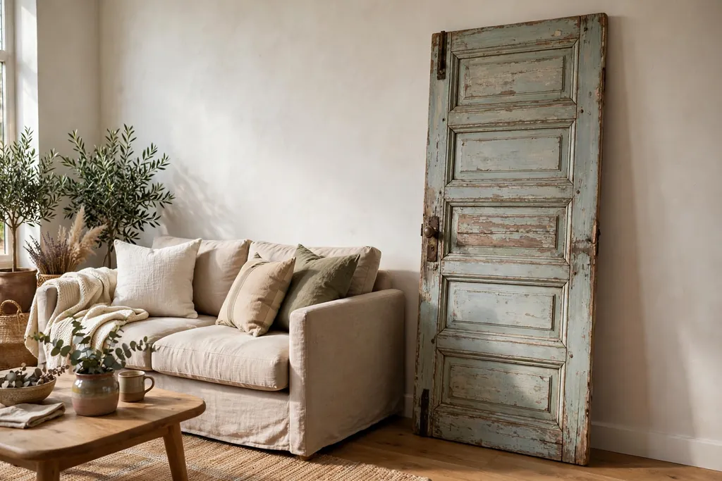 Reclaimed painted door leaning against a living room wall as large scale art.