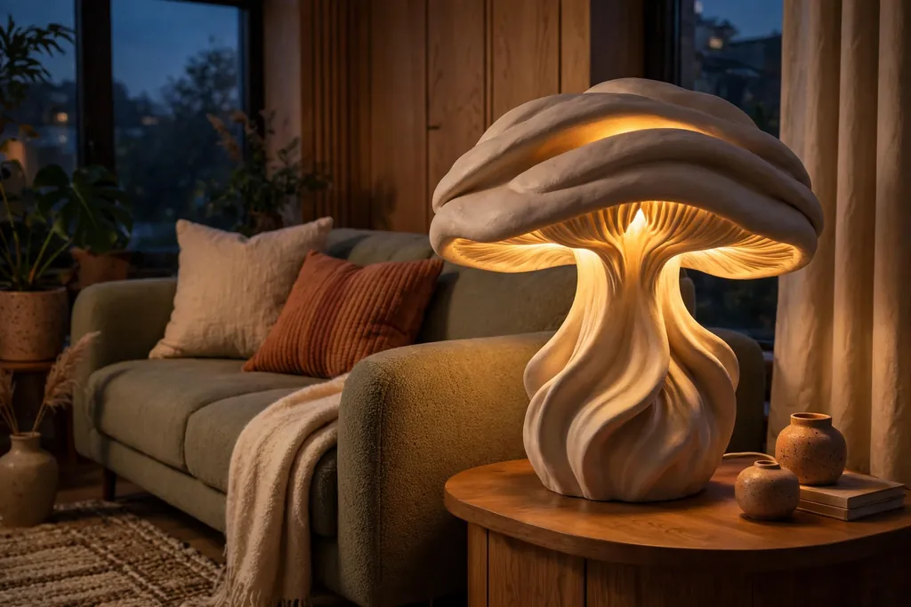 Sculptural mushroom lamp glowing beside a sofa in a living room.