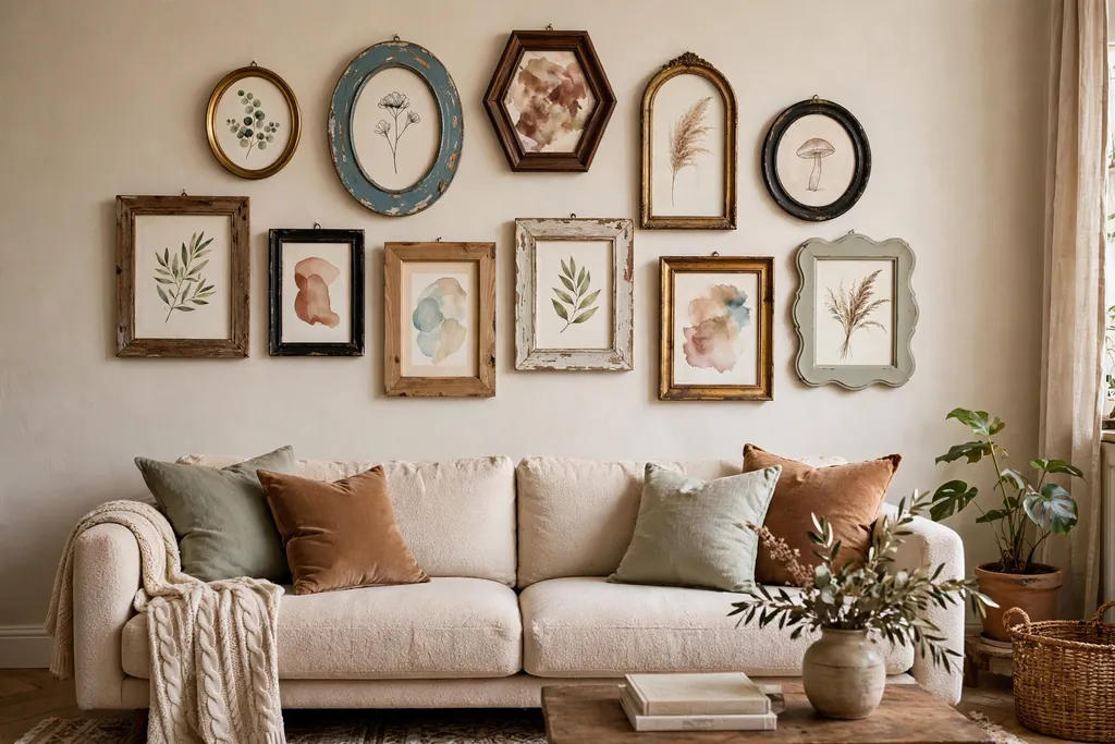 Gallery wall of art prints in mismatched thrifted frames above a sofa.