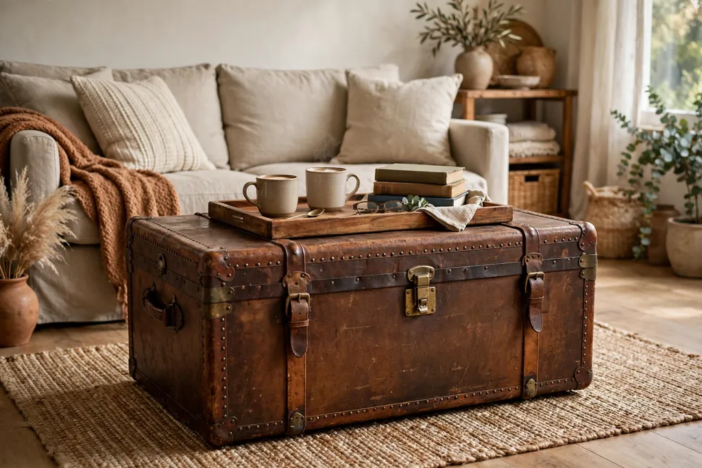 Vintage leather trunk used as a coffee table in front of a sofa, with a tray on top.
