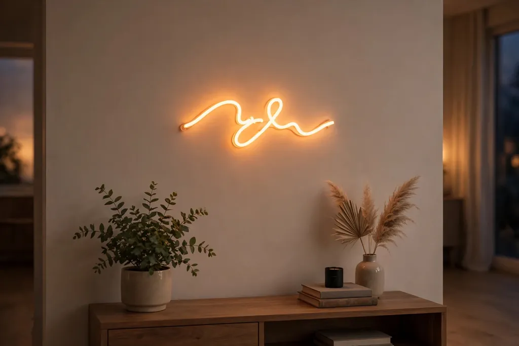Small neon style word sign on a plain living room wall above a console.