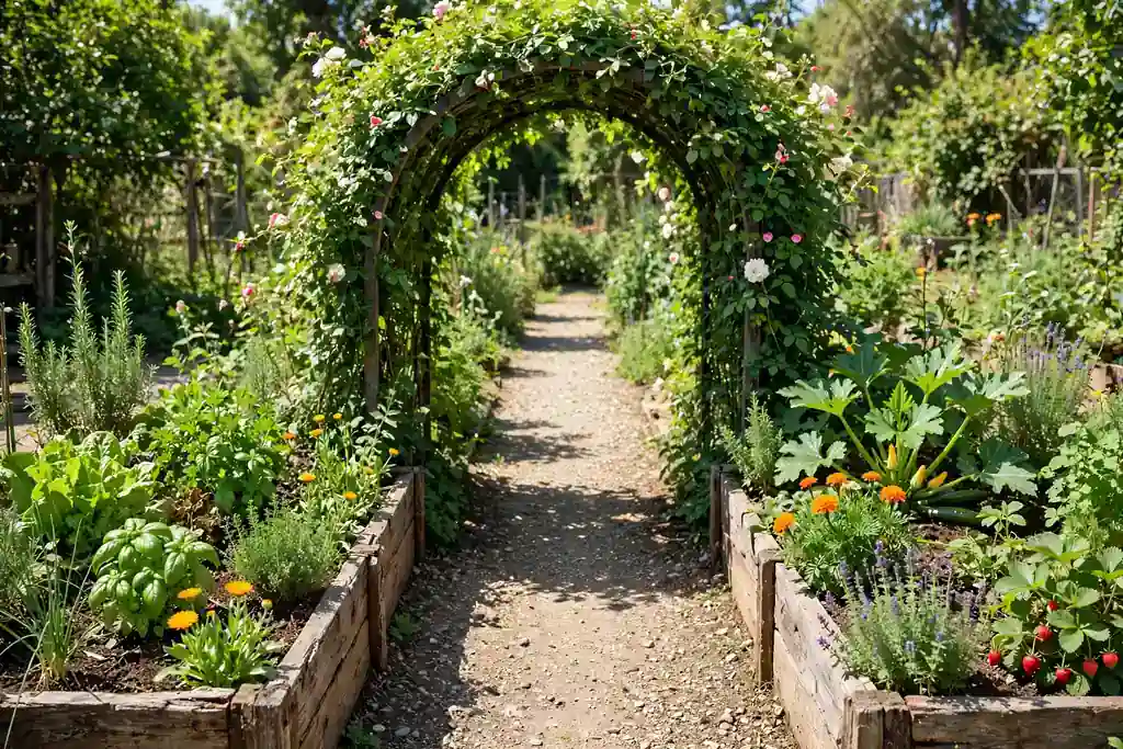 Pair of raised beds with a plant covered arch between them over a path.