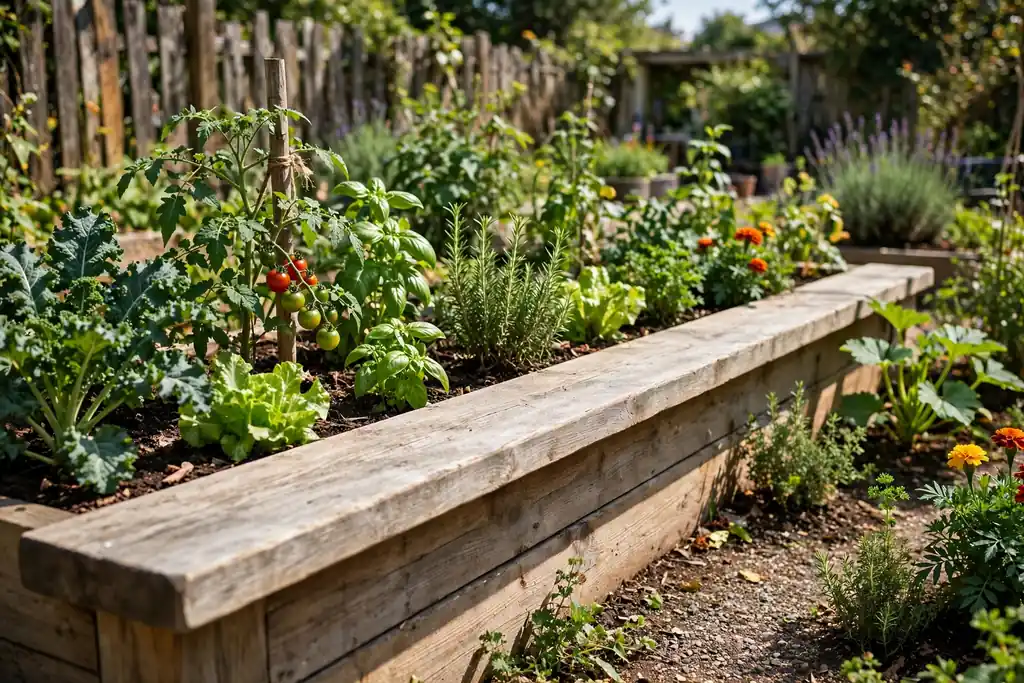 Raised bed with a wide timber cap used as a seat beside vegetables.