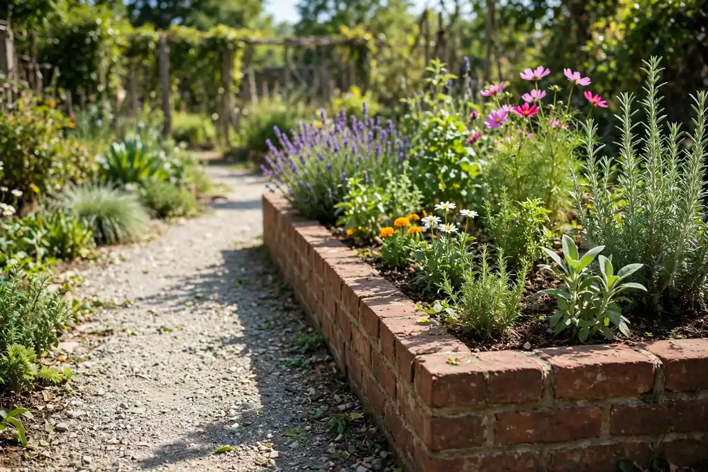 Brick edged raised bed beside a gravel path with flowers.