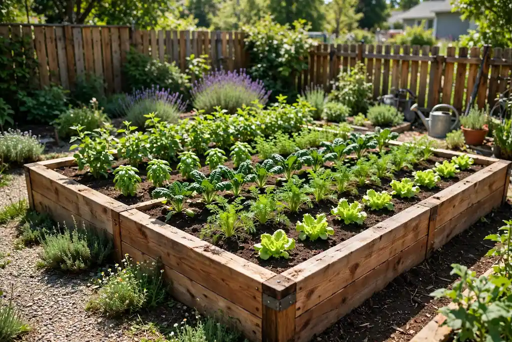 Cedar rectangular raised bed with neat vegetable rows.