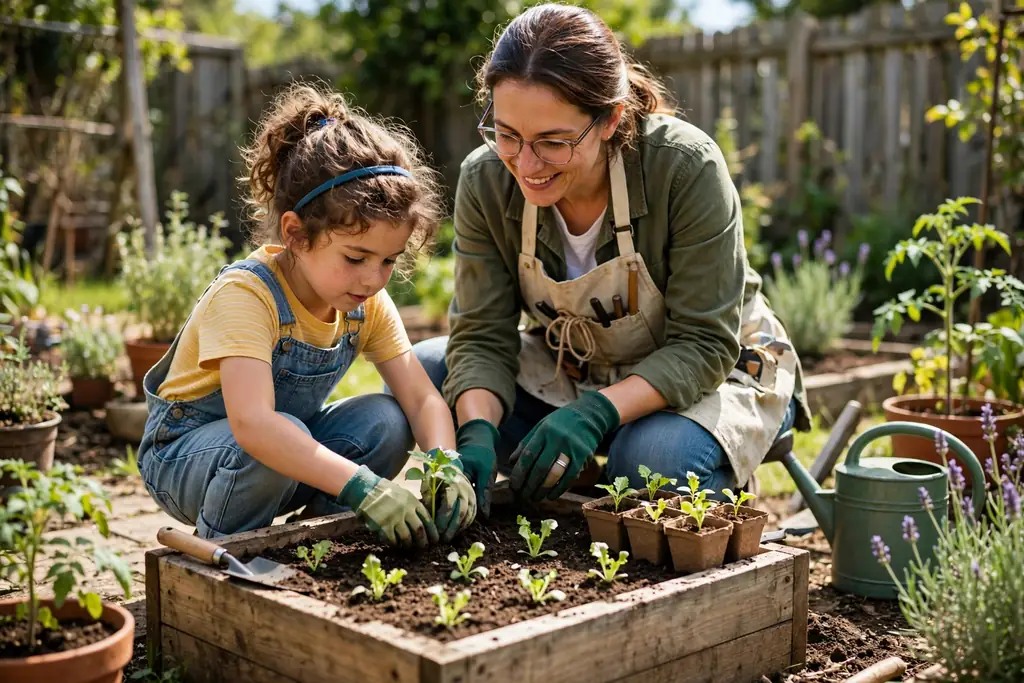 Small starter raised bed with a child planting seedlings beside an adult.