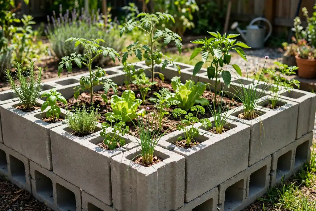Cinder block raised bed with herbs planted in the block pockets.