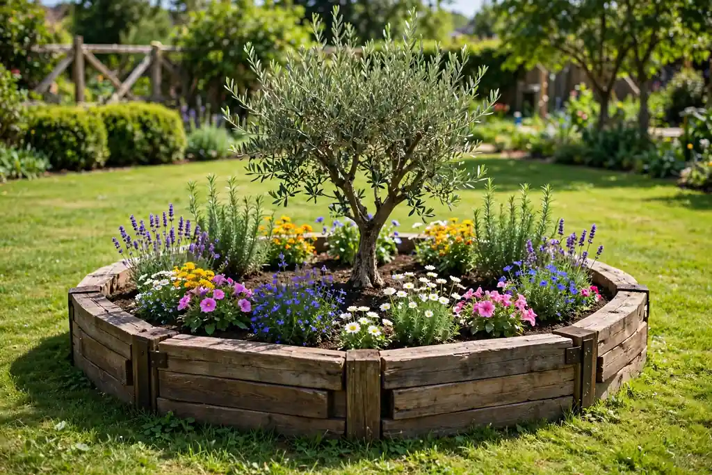 Circular round raised bed in a lawn with a central feature plant.