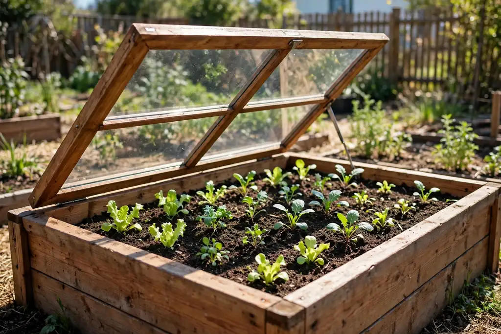 Raised bed with a lift up glazed cold frame lid and seedlings inside.