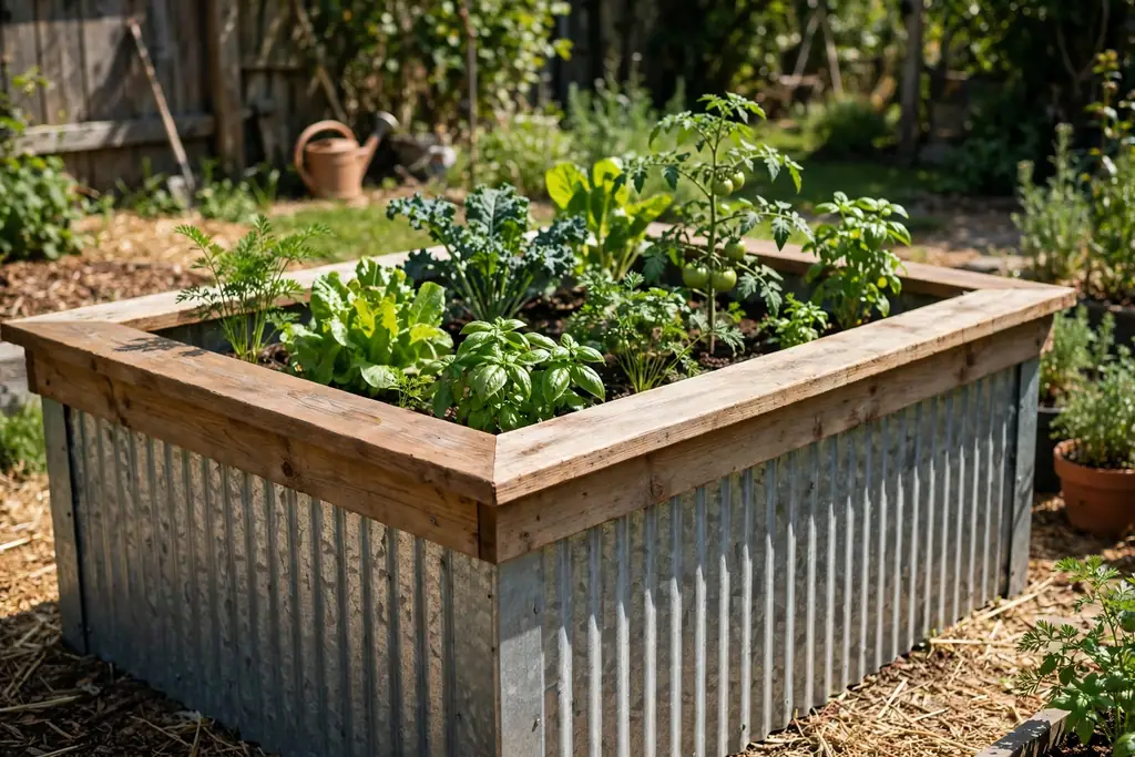 Corrugated metal raised bed with a timber frame and top rail.