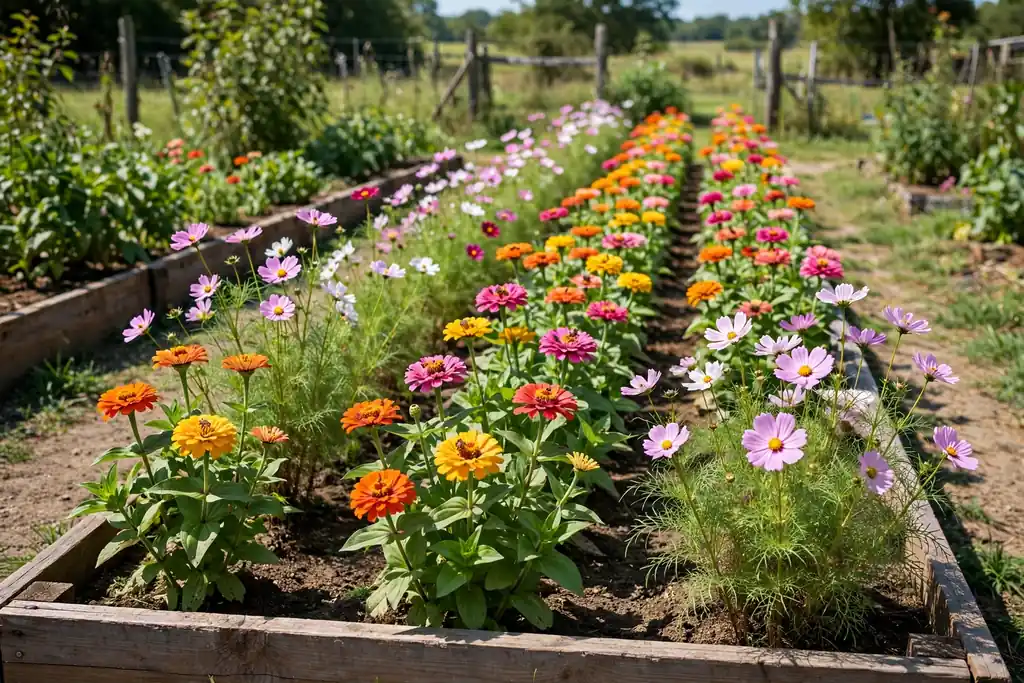 Raised cutting flower bed in rows with zinnias and cosmos.