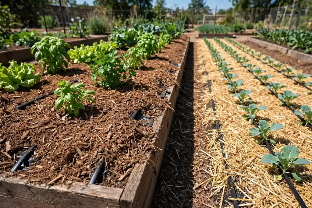 Raised bed with drip lines under mulch beside vegetable rows.