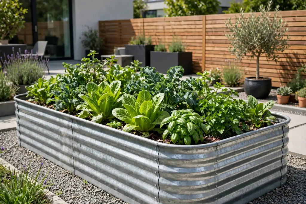Galvanized metal trough raised bed with green vegetables.