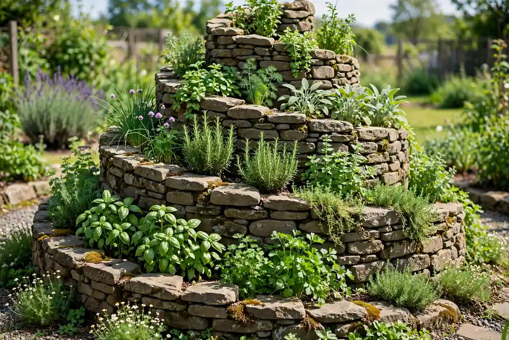 Herb spiral raised bed of stone winding upward with herbs.