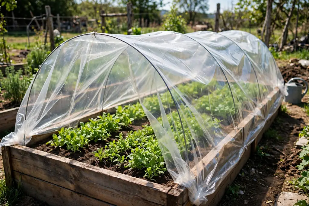 Raised bed with curved hoops and a clear tunnel cover.