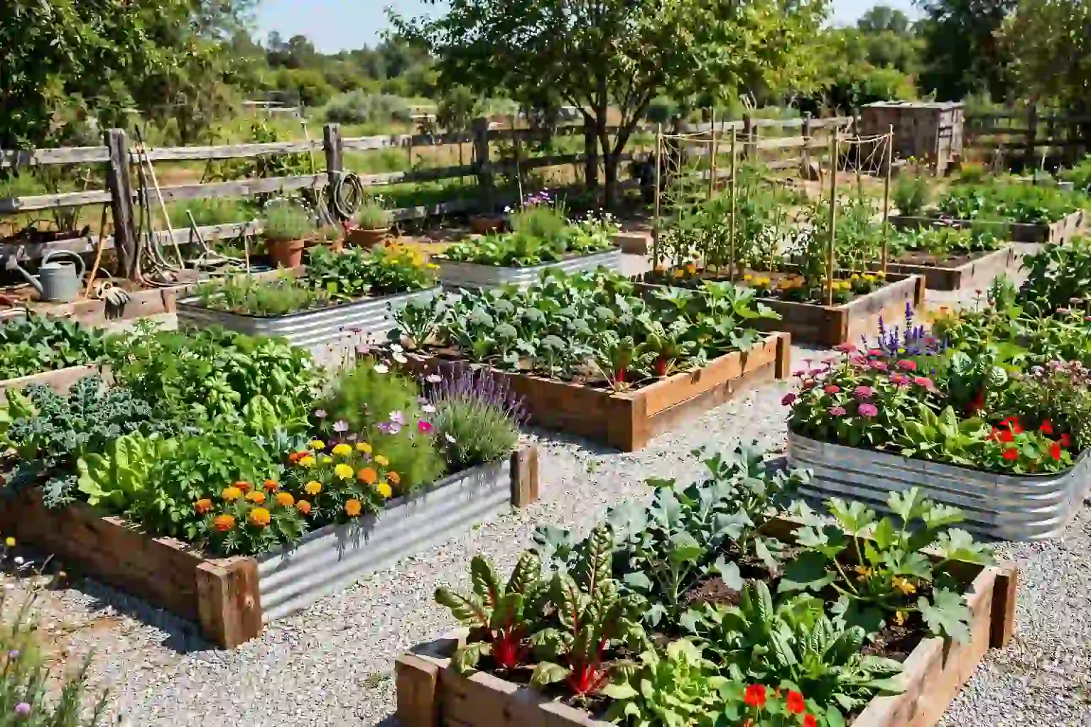 Wide sunny garden with several raised beds filled with vegetables and flowers.