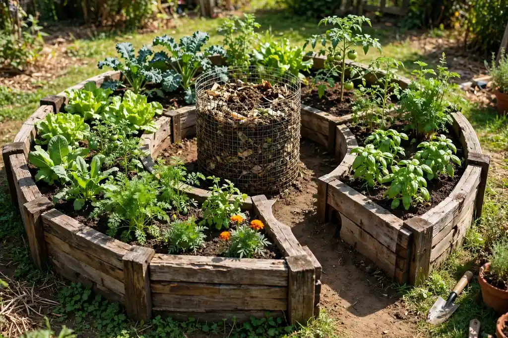Round keyhole raised bed with a compost basket at its center.