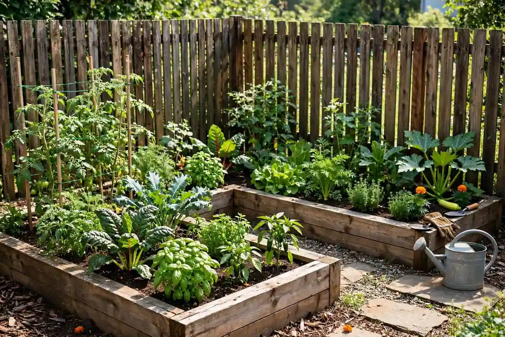 L shaped raised bed wrapping around a garden corner by a fence.