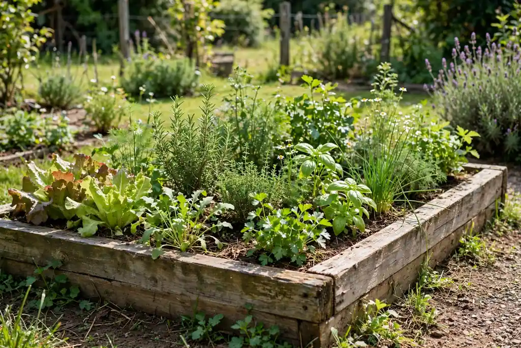 Low wide raised bed with herbs and salads at ground level.