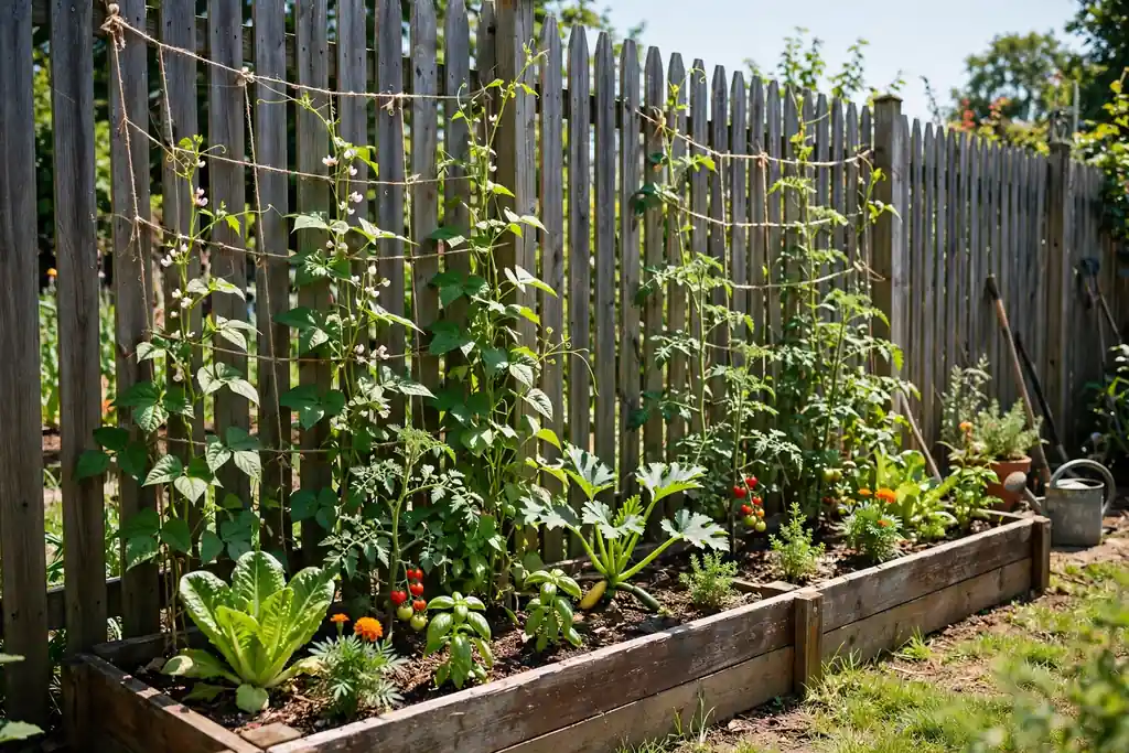 Narrow raised bed along a garden fence with climbing plants.