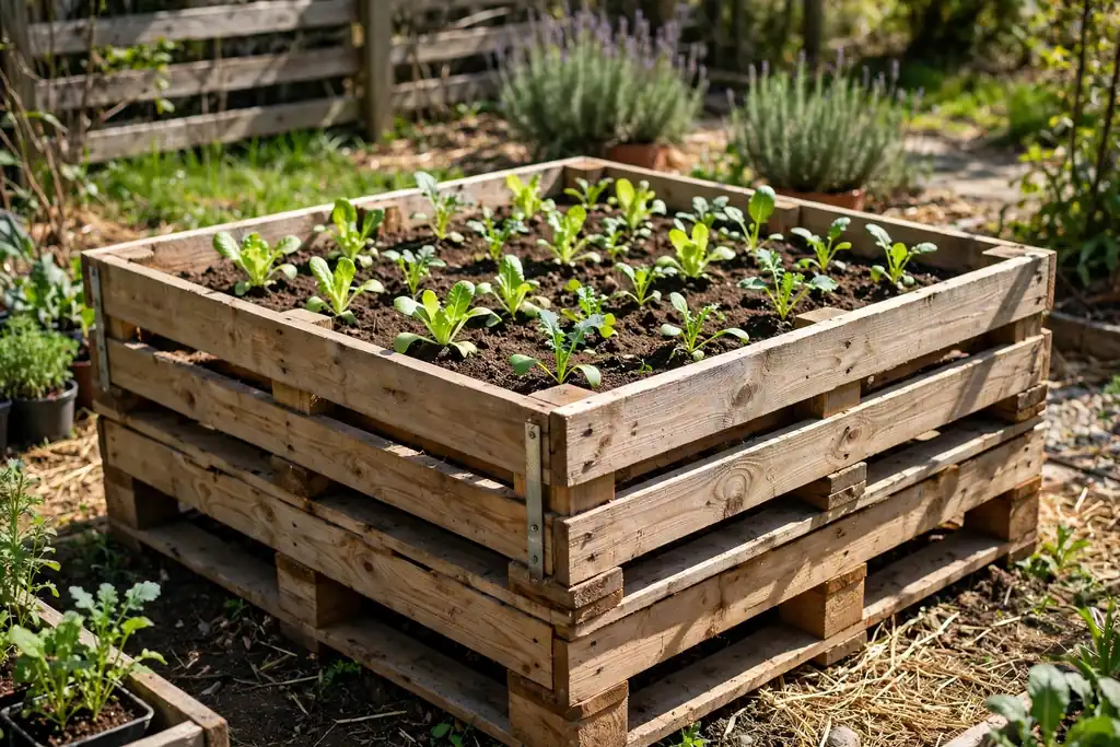 Pallet collar raised bed stacked two high with young vegetables.