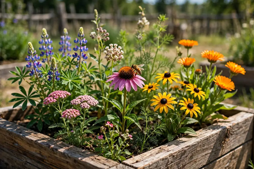 Raised pollinator bed with native flowers and a bee visiting blooms.