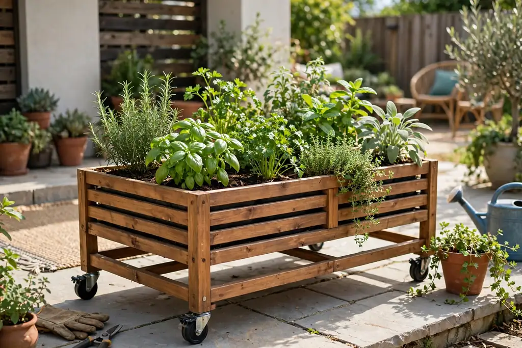 Portable raised bed on casters on a patio with herbs.