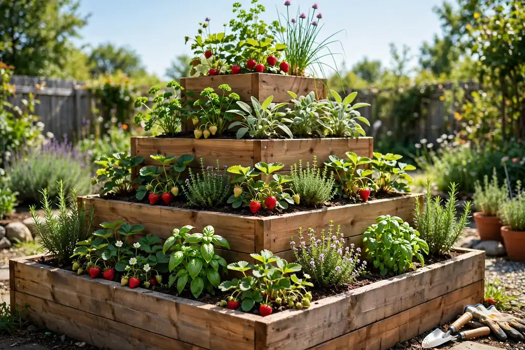 Tiered pyramid stacked raised bed with strawberries and herbs on each level.