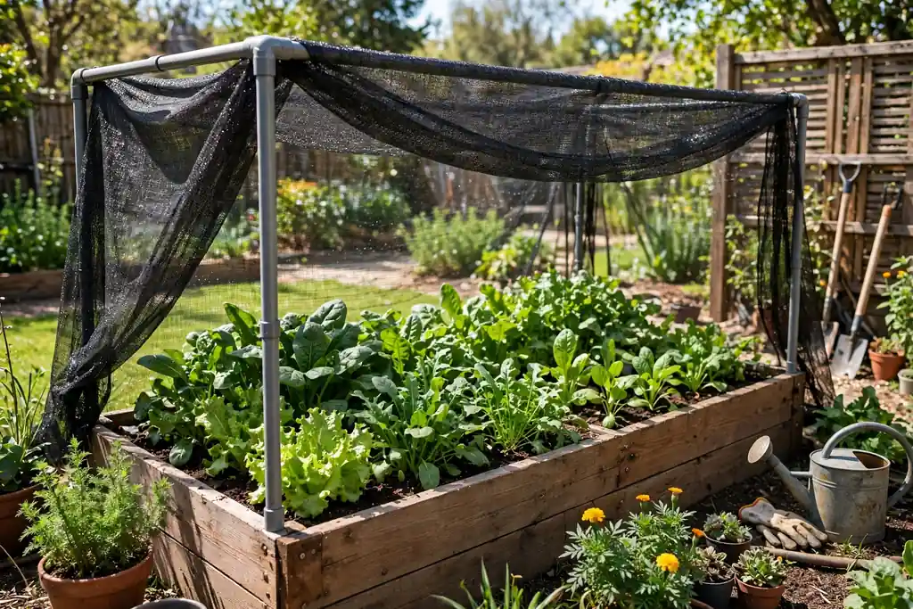 Raised bed with a shade cloth frame over leafy greens.
