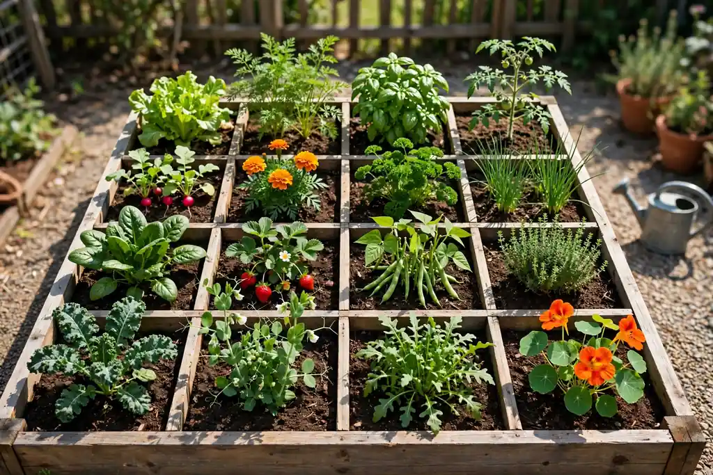 Square foot raised bed divided into a grid with different crops per square.