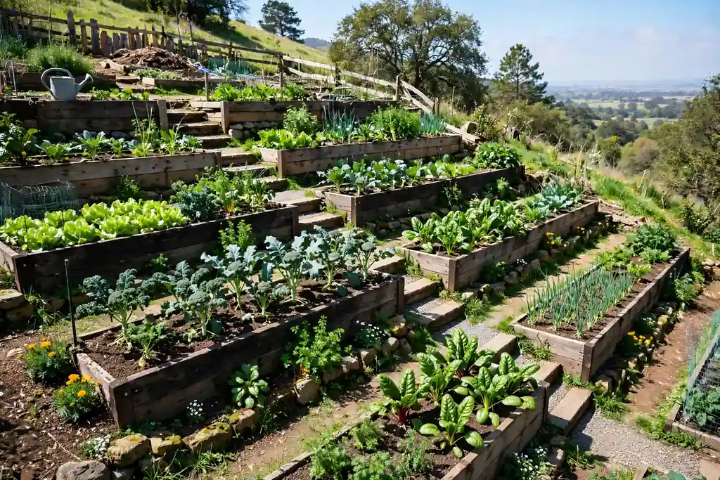 Stepped raised beds down a garden slope planted with vegetables.