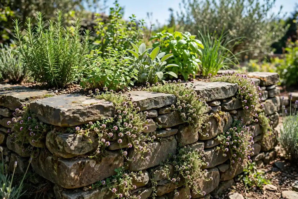Stone walled raised bed with herbs and thyme in the wall gaps.