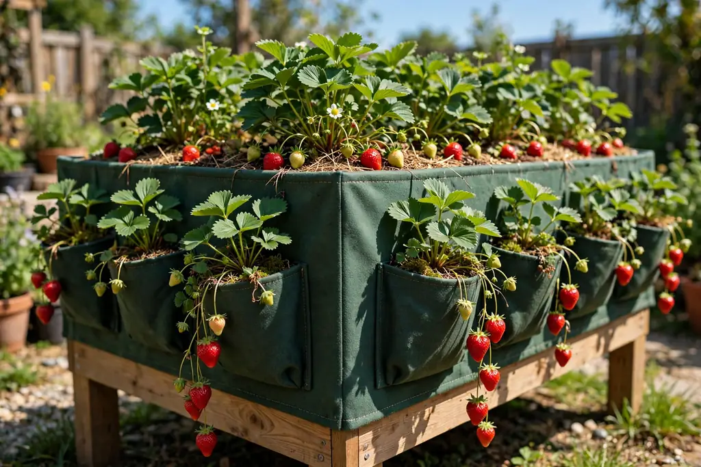 Raised strawberry bed with plants in side pockets and fruit trailing over the edge.