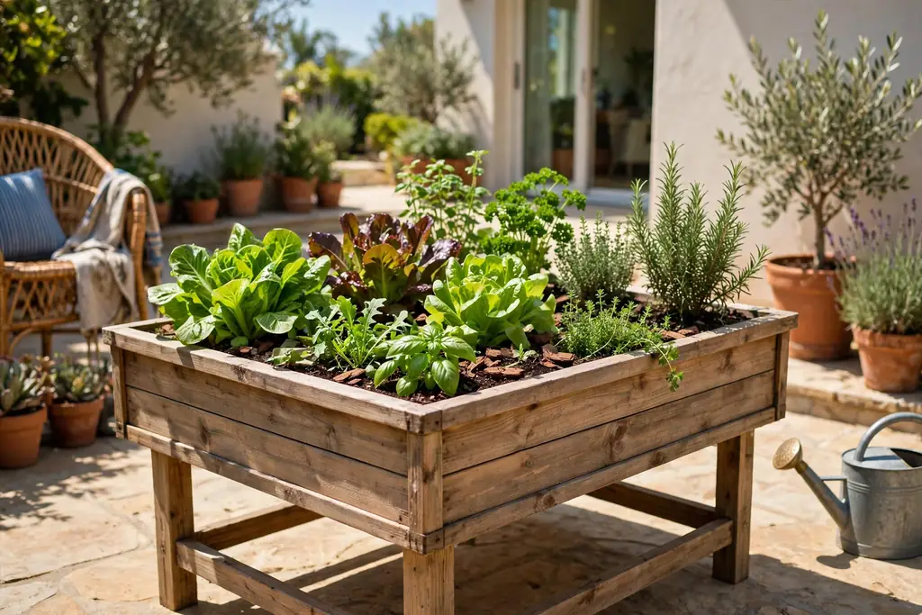 Tabletop raised bed on legs on a patio with salads and herbs.
