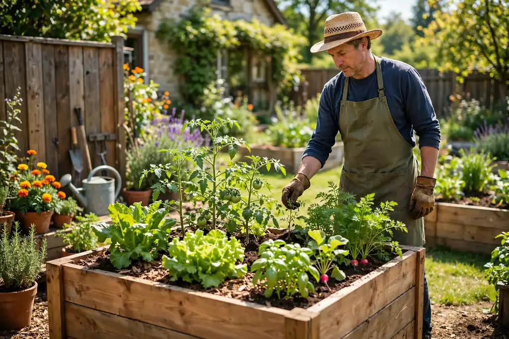 Tall waist high raised bed with vegetables tended standing up.