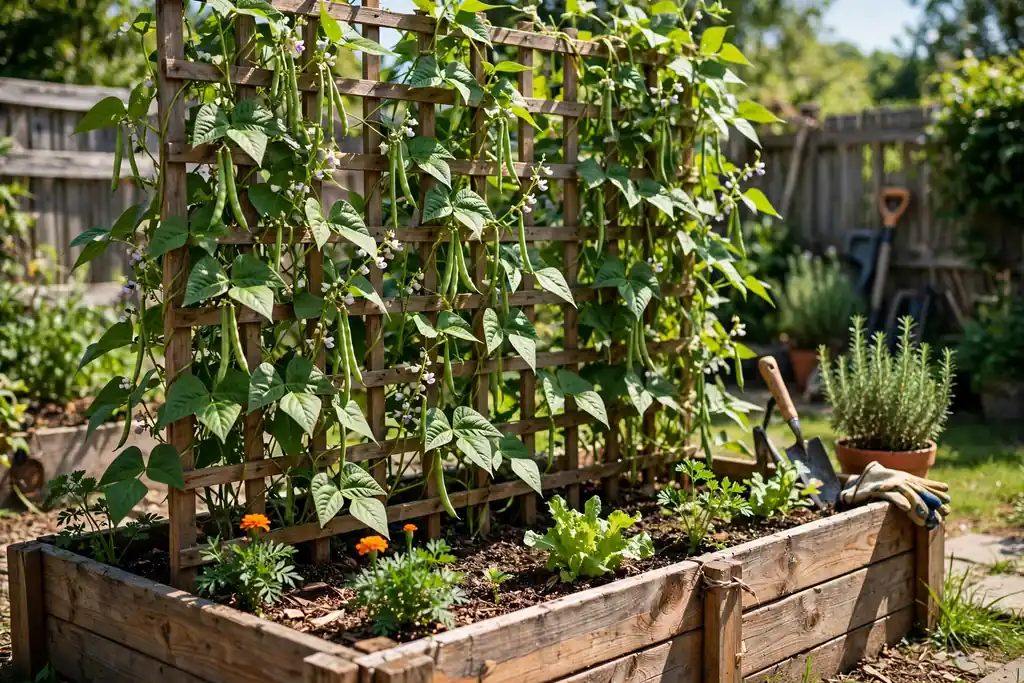 Raised vegetable bed with a trellis at the back covered in beans.